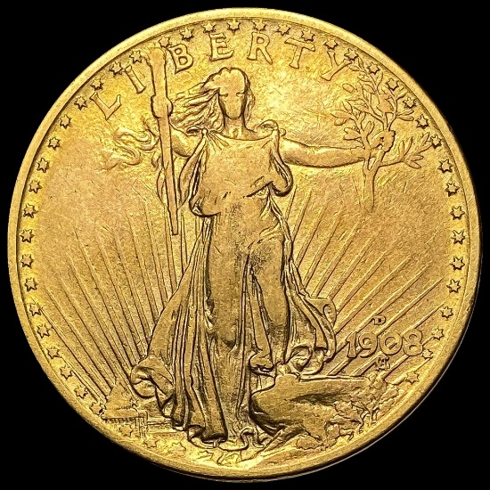 1908-D No Motto Saint-Gaudens $20 Gold NEARLY UNCIRCULATED