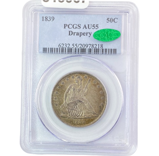 1839 Drapery Seated Liberty Half Dollar PCGS AU55 CAC PQ