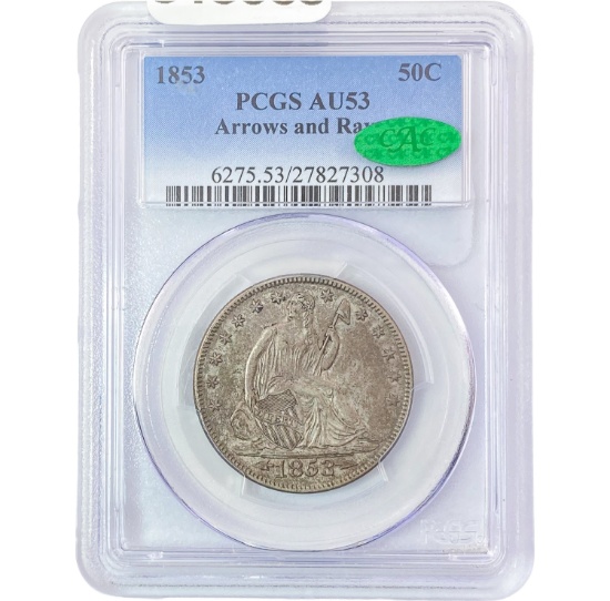 1853 Arrows and Rays Seated Liberty Half Dollar PCGS AU53 CAC
