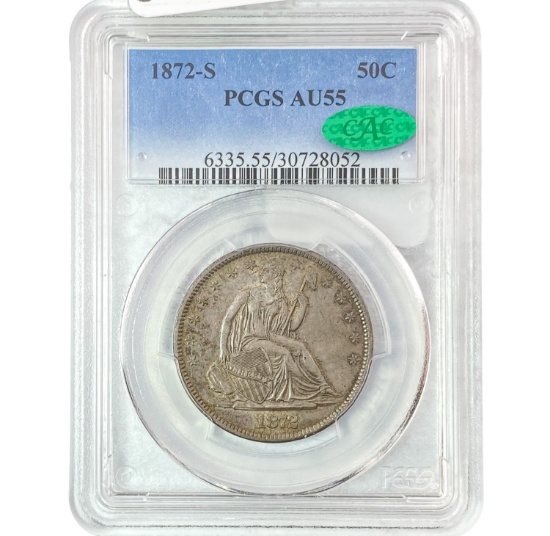 1872-S Seated Liberty Half Dollar PCGS AU55 CAC PQ