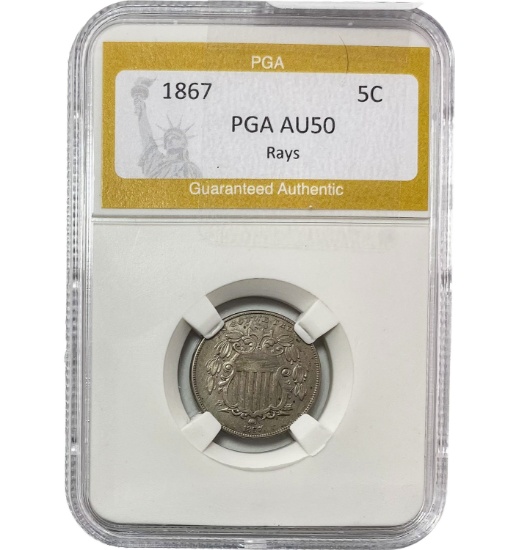 1867 Shield Nickel Rays PGA AU50