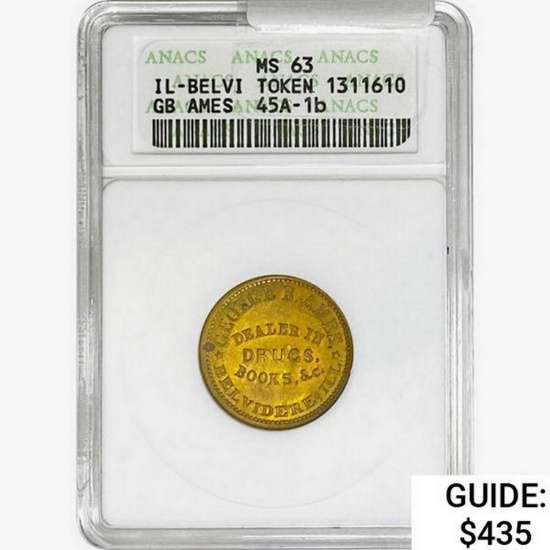 1863 IL-Belvi Token GB Ames ANACS MS63