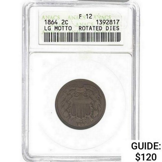 1864 Two Cent Piece ANACS F12