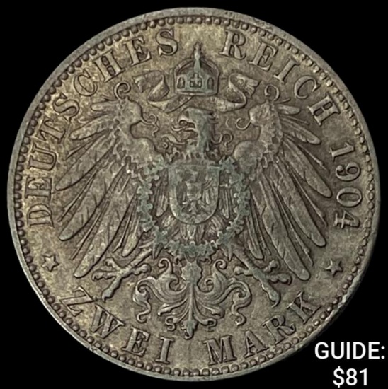 1904-J Hamburg Silver 2 Reichsmark NEARLY UNCIRCULATED