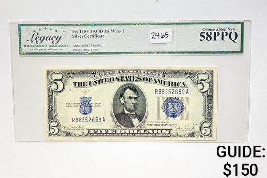 1934D $5 U.S. Silver Certificate-Wide I LCG 58 PPQ