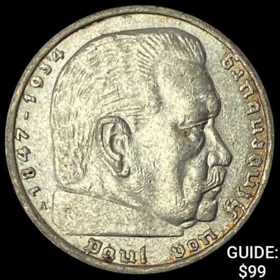 1935-A Germany Silver 5 Reichsmark UNCIRCULATED