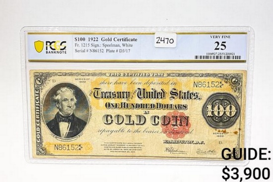 1922 $100 Gold Certificate PCGS 25 VF