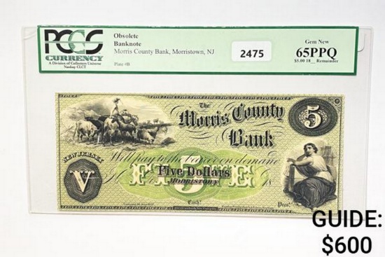 1857 $5 Obs. Bank Note-Morris Co. Bank PCGS 65 PPQ