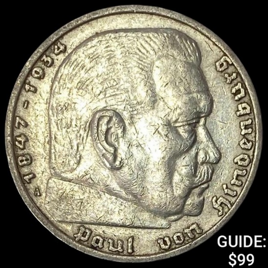 1936-A Germany Silver 5 Reichsmark CLOSELY UNCIRCULATED