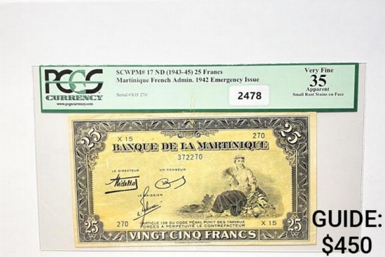 1943-45 25 Francs Martinique-Emer. Issue PCGS 35 VF