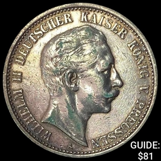 1907-A Prussia Silver 2 Reichsmark NEARLY UNCIRCULATED