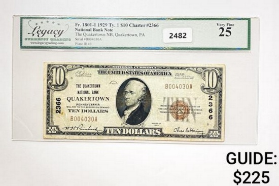 1929 $10 Quakertown Nat. Bank Banknote LCG 25 VF