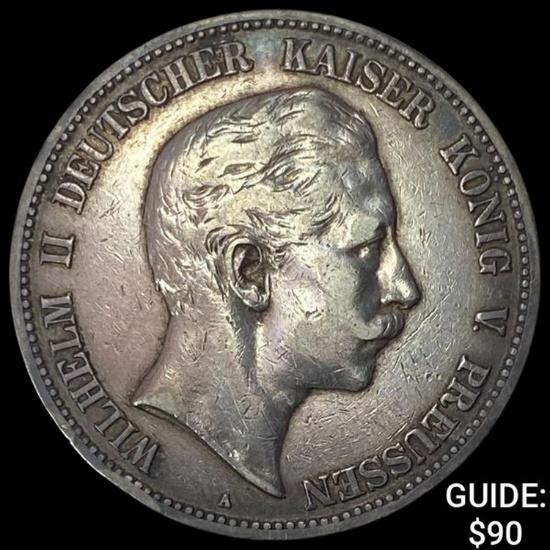 1907-A Prussia Silver 5 Reichsmark NEARLY UNCIRCULATED