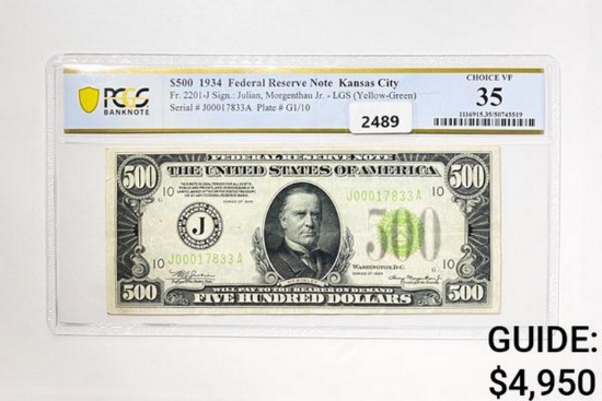 1934 $500 Fed. Res. Note-Kansas City,MO PCGS 35 VF