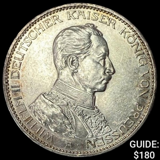 1914-A Prussia Silver 3 Reichsmark UNCIRCULATED