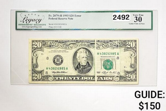1993 $20 Federal Reserve Note-Error LCG 30 VF