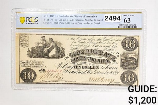 1861 $10 C.S.A. Note PCGS 63 UNC