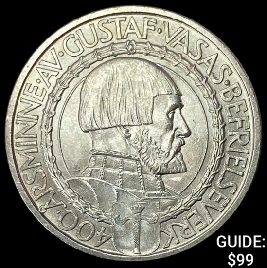 1921 Sweden Silver 2 Kroner Gustaf Vasa UNCIRCULATED