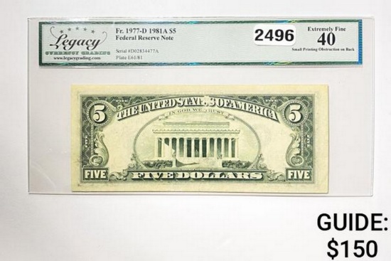 1981A $5 Federal Reserve Note-Cleveland LCG 40 EF