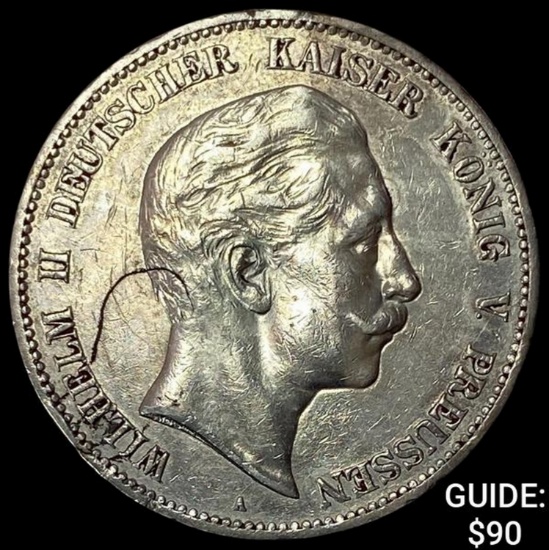 1907-A Prussia Silver 5 Reichsmark CLOSELY UNCIRCULATED