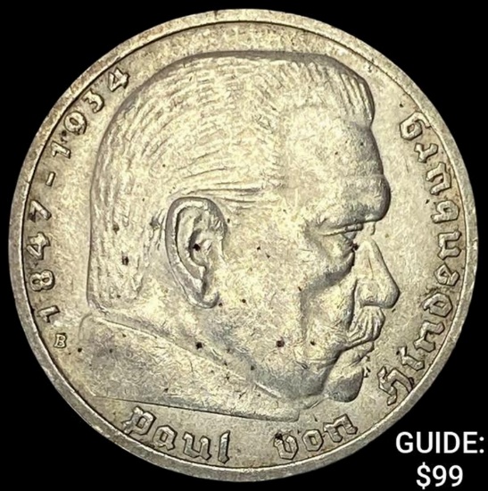 1939-B Germany Silver 5 Reichsmark UNCIRCULATED