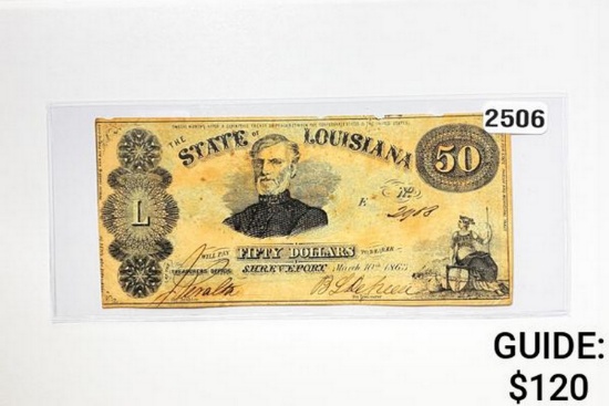 1863 $50 Obsolete Bank Note Shreveport, LA