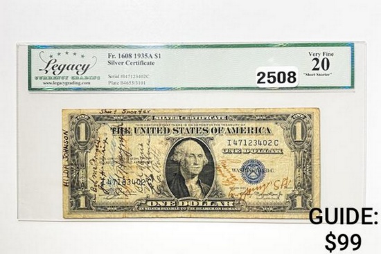 1935A $1 United States SIlver Certificate LCG 20 VF