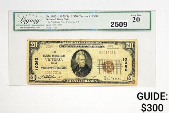 1929 $20 U.S. Nat. Bank Note-Victoria,TX LCG 20 VF