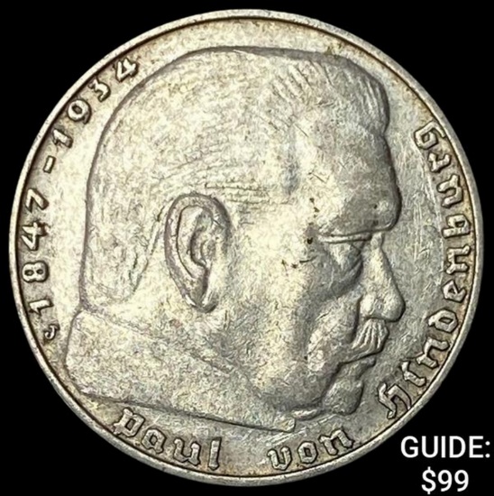 1937-J Germany Silver 2 Reichsmark CLOSELY UNCIRCULATED