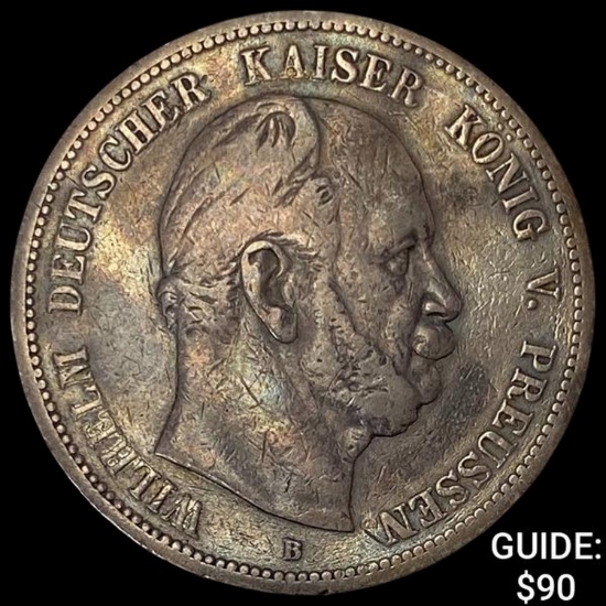 1876-B Prussia Silver 5 Mark NEARLY UNCIRCULATED