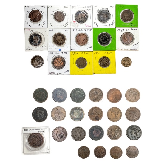 1818-1865 US Large Cent and 2 Cent Lot [37 Coins]