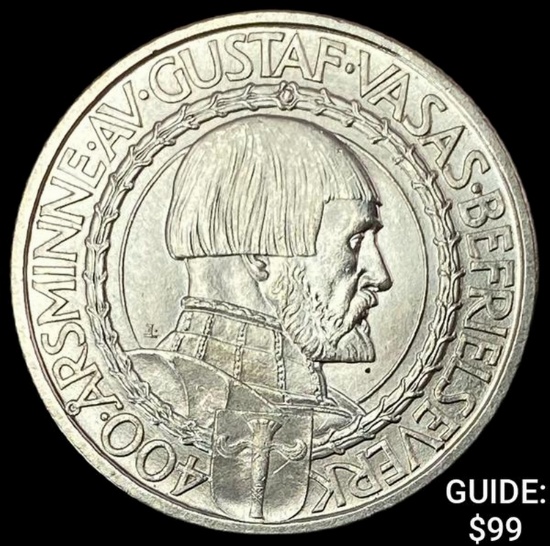 1921 Sweden Silver 2 Kroner Gustaf Vasa UNCIRCULATED