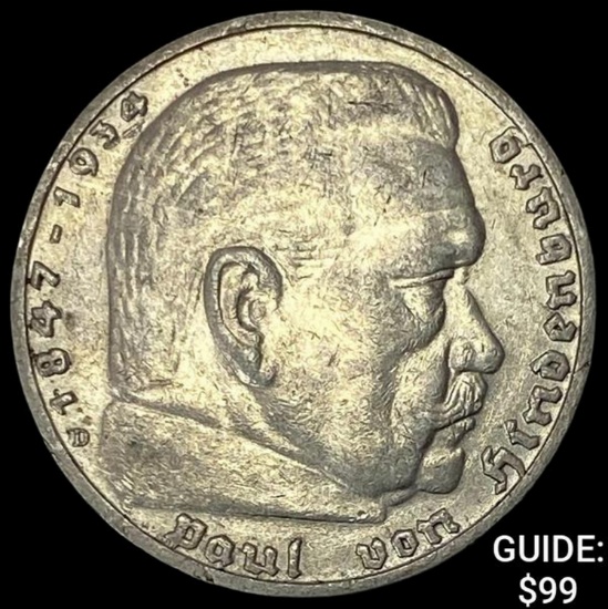 1936-D Germany Silver 5 Reichsmark CLOSELY UNCIRCULATED