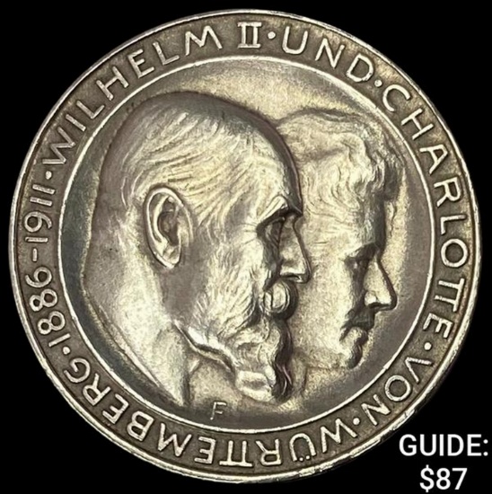 1911-F Wurttemberg Silver 3 Mark CHOICE AU