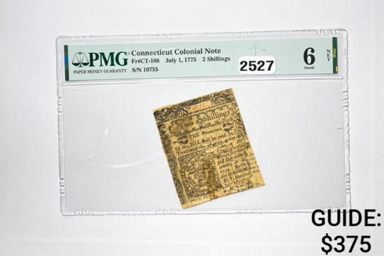 July 1, 1775 2 Shillings CT Colonial Note PMG 6 G