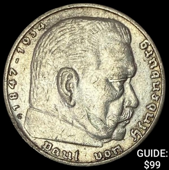 1935-G Germany Silver 5 Reichsmark CLOSELY UNCIRCULATED