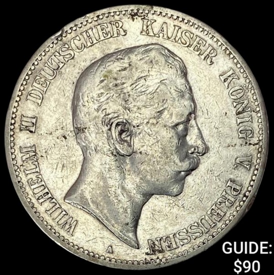 1895-A Prussia Silver 5 Mark NEARLY UNCIRCULATED