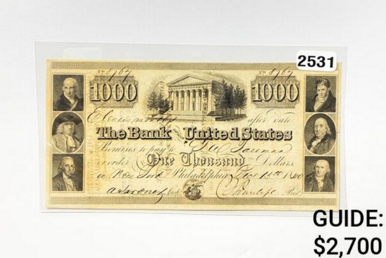 1840 $1000 Bank of U.S. Bank Note-Philadelphia