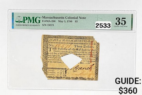 May 5, 1780 $3 Massachusetts Colonial Note PMG 35 VF+