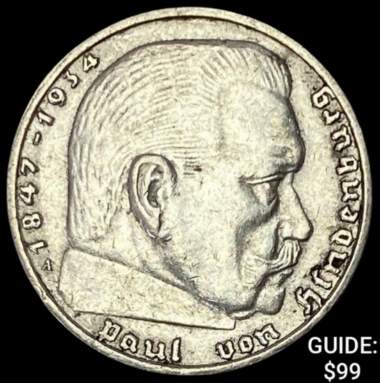 1937-A Germany Silver 2 Reichsmark CHOICE AU