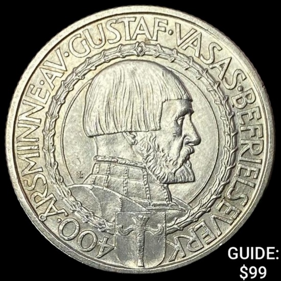 1921 Sweden Silver 2 Kroner Gustaf Vasa UNCIRCULATED
