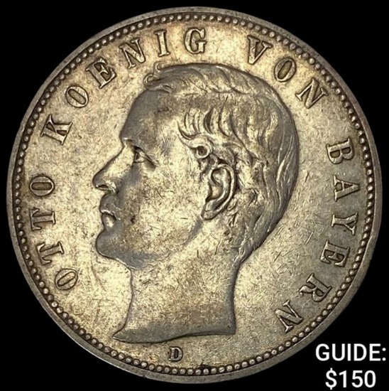 1908-D Bavaria Silver 5 Mark NEARLY UNCIRCULATED