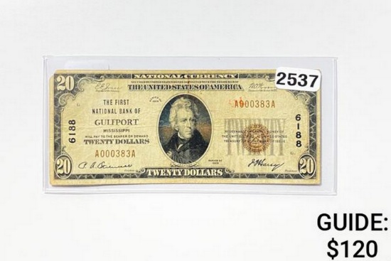 1929 $20 National Bank Note-Gulfport Mississippi