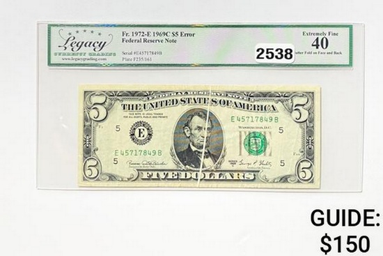 1969C $5 Federal Reserve Note-Error LCG 40 VF