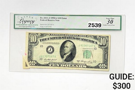 1950A $10 Federal Reserve Note-Error LCG 30 FV