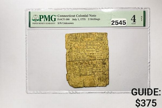 July 1, 1775 2 Shillings Connecticut Colonial Note PMG 4 NET