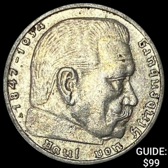 1937-A Germany Silver 2 Reichsmark CLOSELY UNCIRCULATED