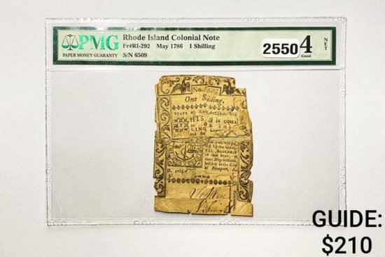 May 1786 1 Shilling R.I. Colonial Note PMG 4 NET