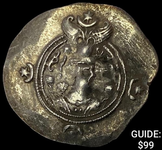 Sasanian Khusro II 591-628 Silver Drachm ABOUT UNCIRCULATED