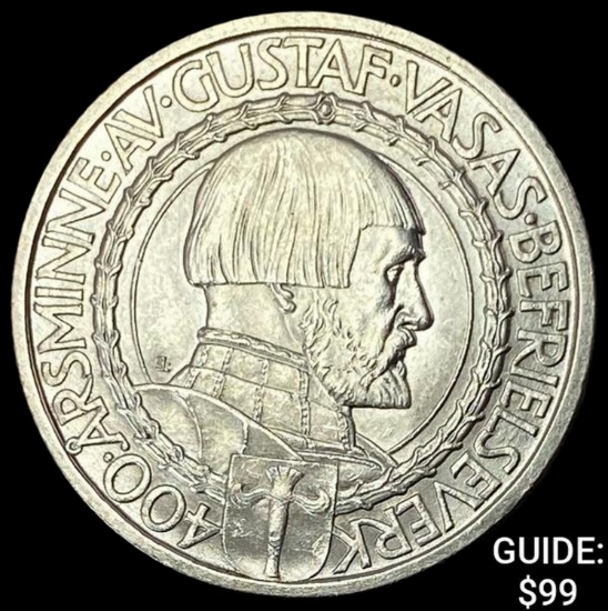 1921 Sweden Silver 2 Kroner Gustaf Vasa UNCIRCULATED